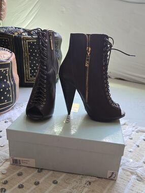 Matiko Black Lace-Up Peep Toe Ankle Booties with Side Zip